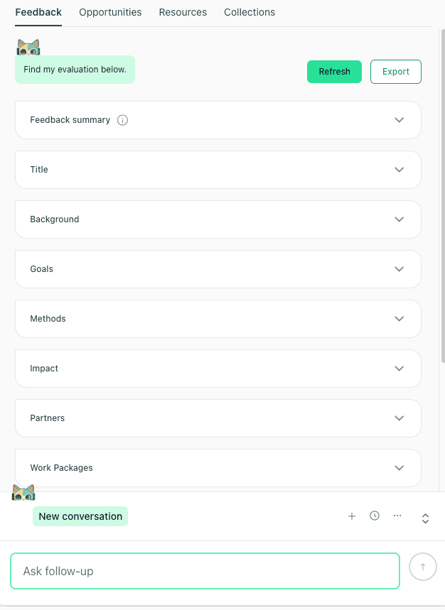thesify summary dashboard showing collapsible feedback sections for Title, Background, Goals, Methods, Impact, Partners, and Work Packages.