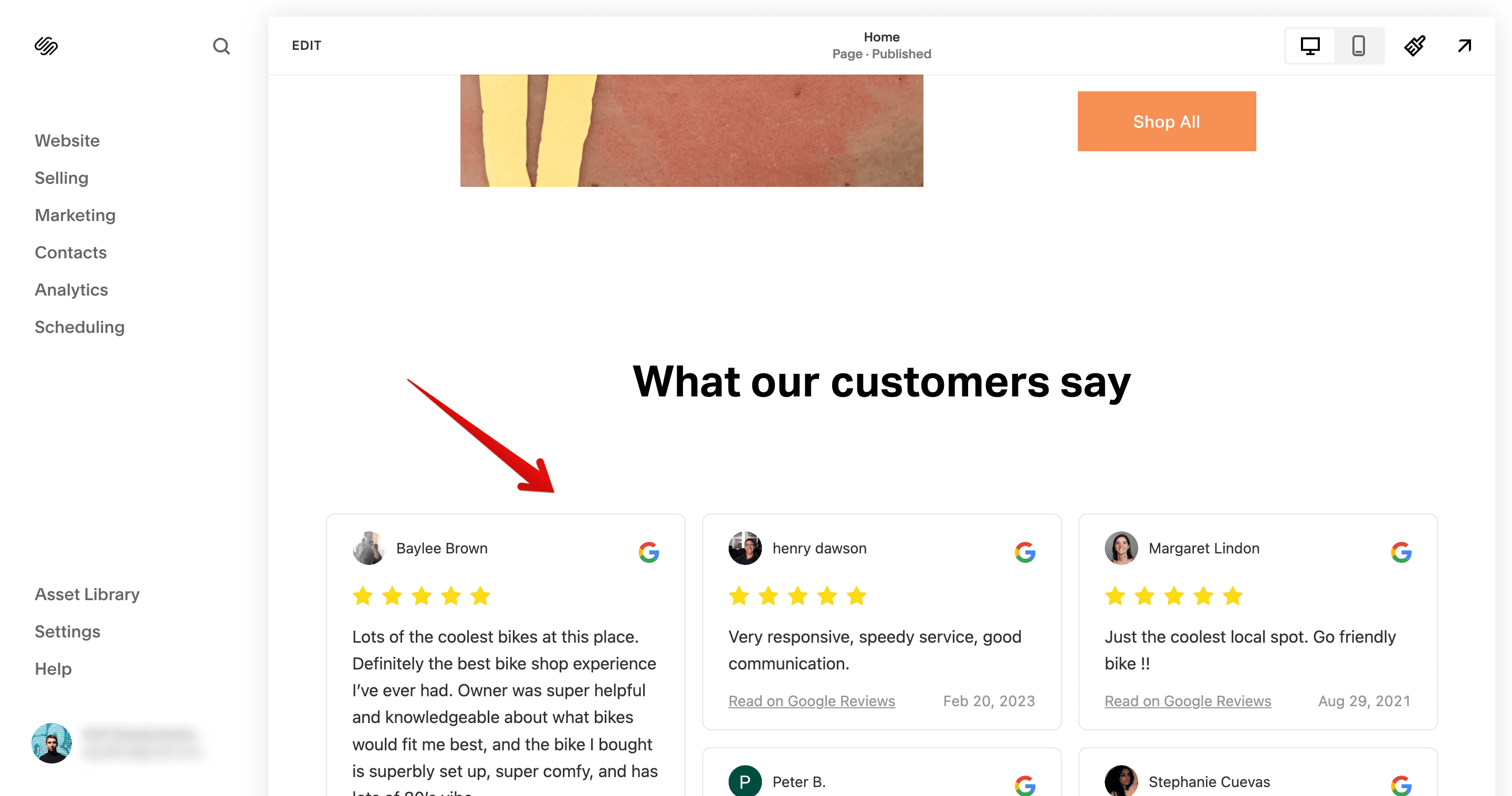 Free review widget for Squarespace