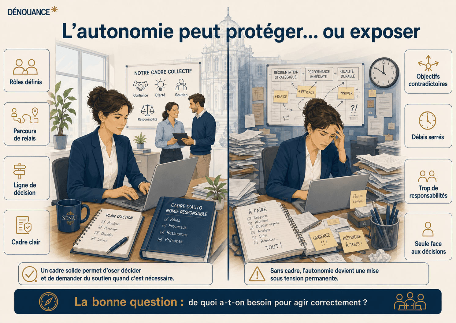 Illustration montrant que l’autonomie au travail peut être protectrice avec un cadre et exposante sans ressources ni arbitrage.