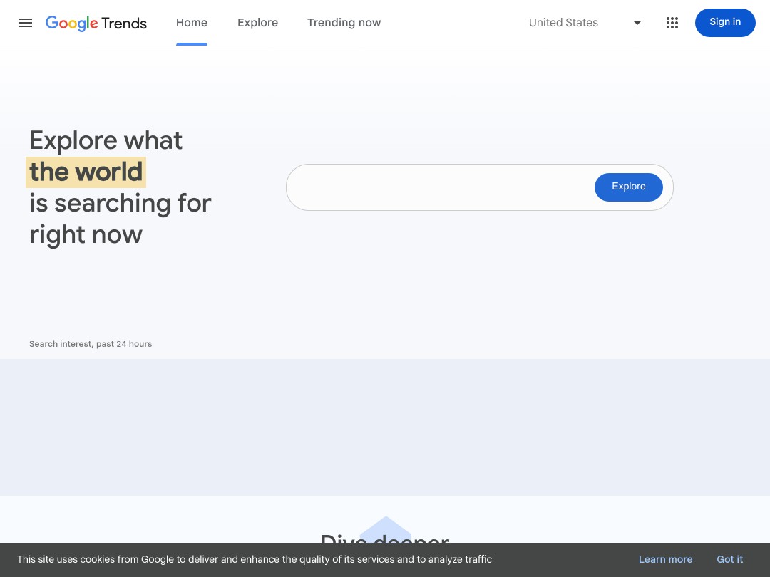 Google Trends homepage with a search bar and "Explore" button.