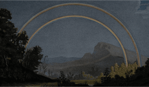 Double rainbow over a dark, moody landscape with trees in the foreground and mountains in the background.