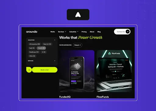 Fintech-focused portfolio gallery showcasing startup and SaaS product designs with a bold, high-contrast visual presentation.