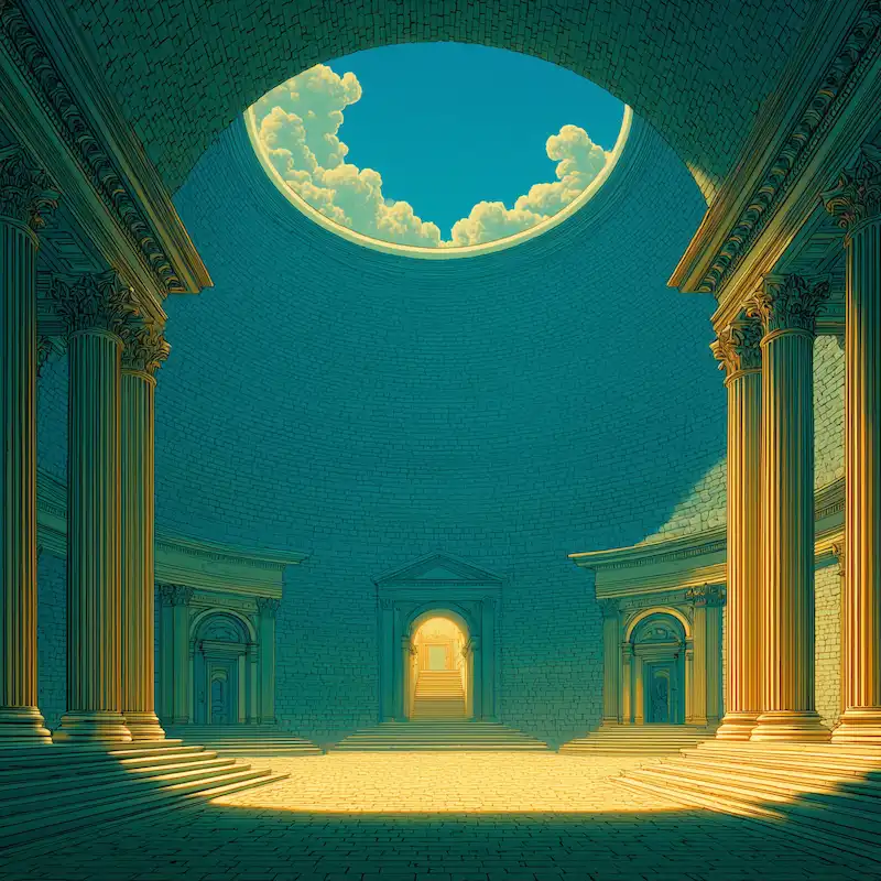 A rustic outdoor market stall displays an array of fresh produce including vibrant tomatoes, leafy greens, and a variety of olives, set against the backdrop of a picturesque rural Italian village.