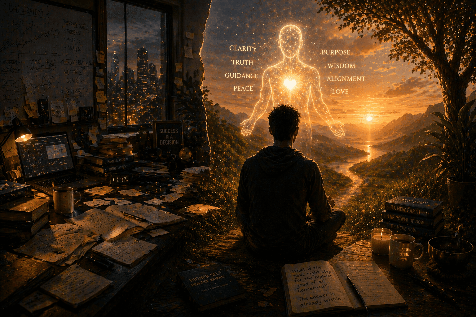 A symbolic scene of following inner guidance into uncertainty, with a path illuminated beyond fear