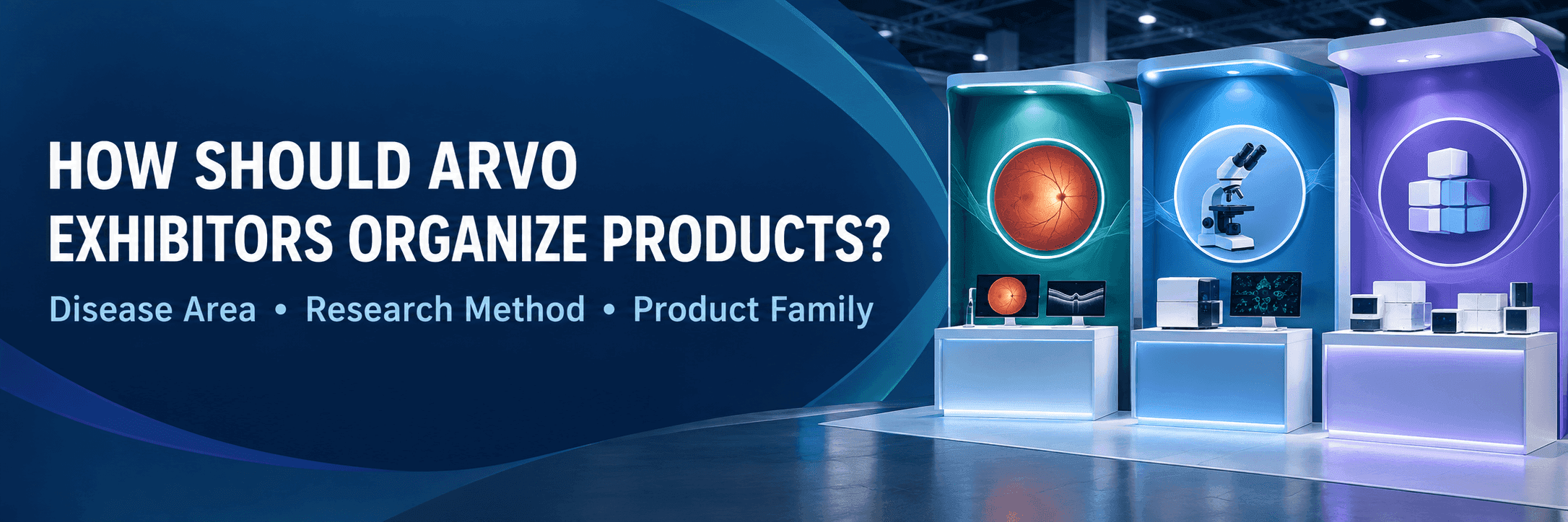 ARVO research product booth planning banner with disease area, research method, and product family display zones