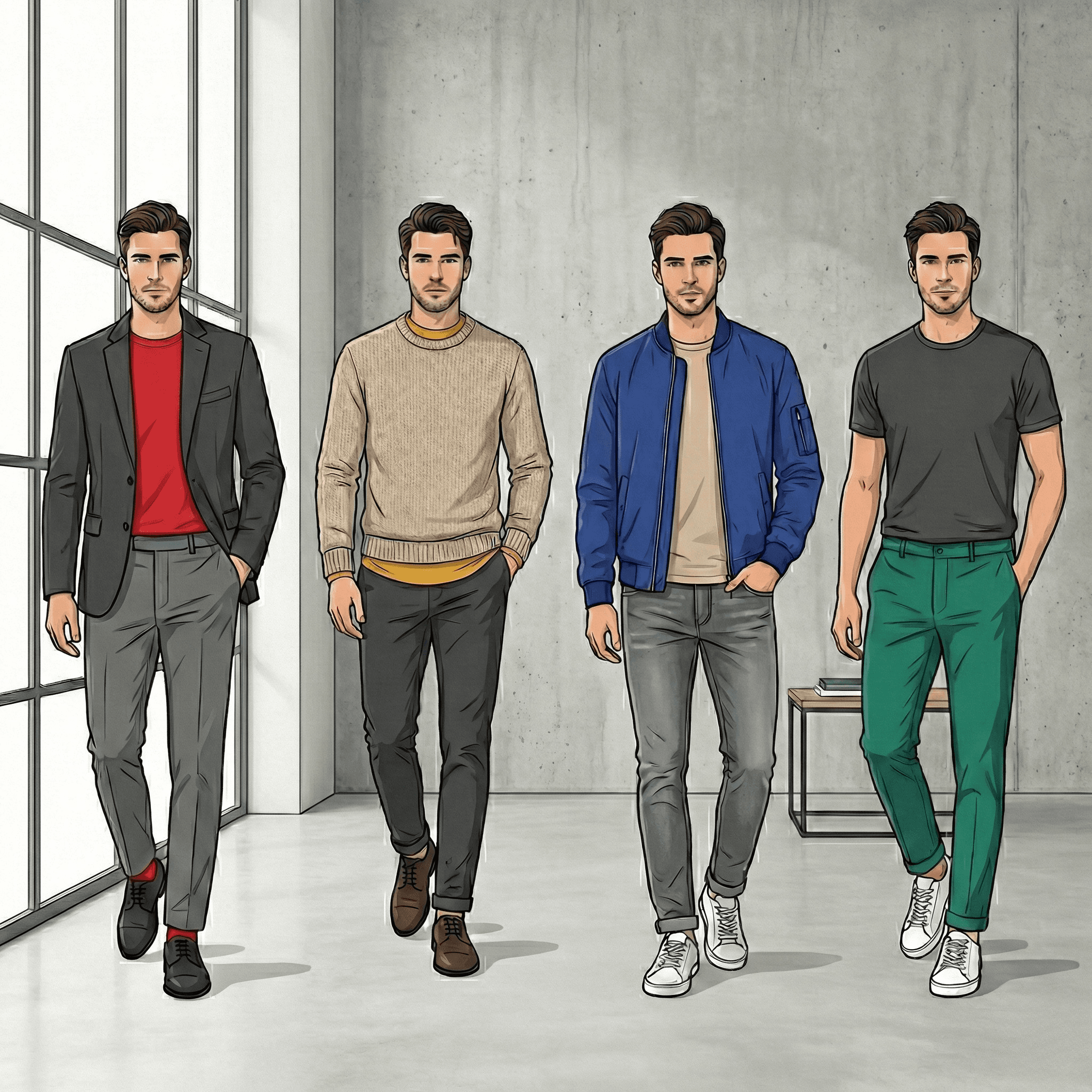 Visual guide demonstrating a simple color pairing rule for everyday outfits