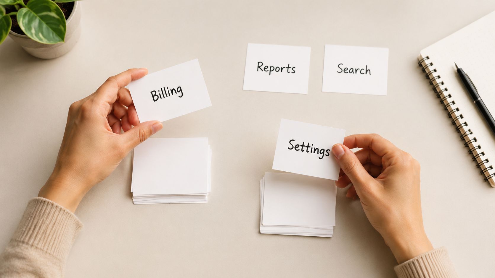 A person sorting white cards labeled with business categories during a card sorting user research session.