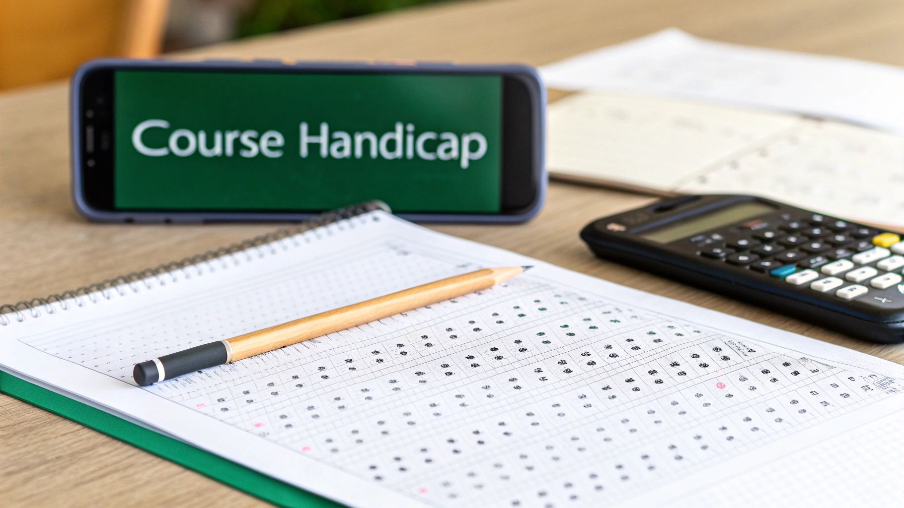A smartphone displays 'Course Handicap' next to a golf scorecard, pencil, and calculator on a wooden desk.