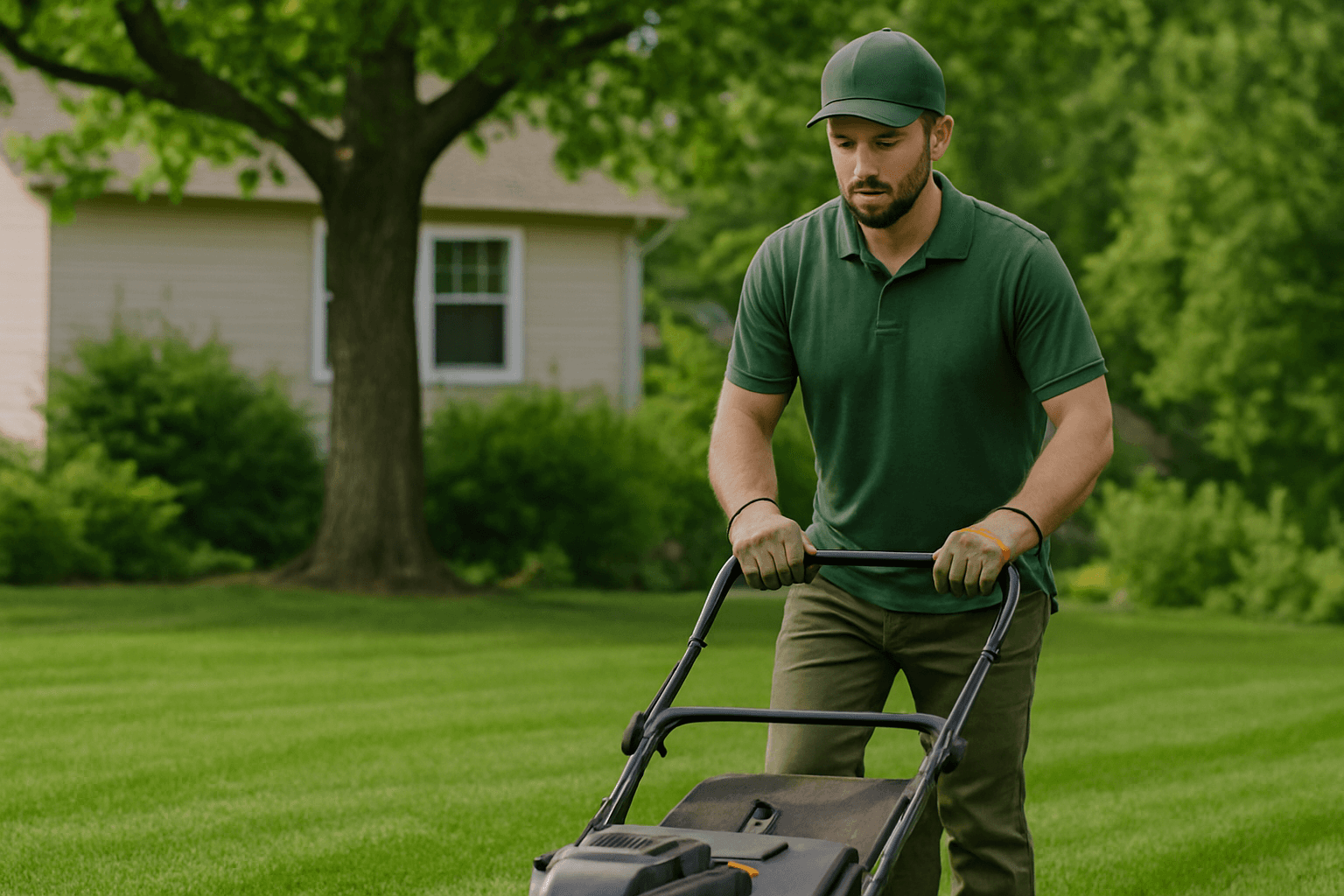 Man with beard mowing the lawn