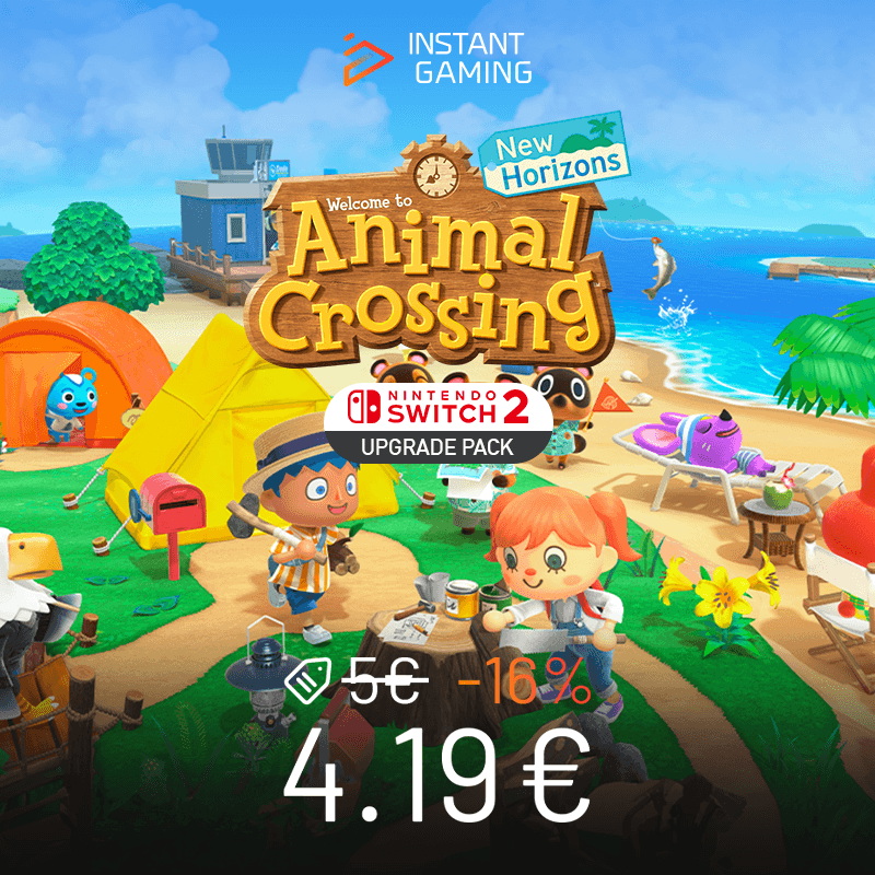 Jaquette Animal Crossing New Horizons Nintendo Switch 2 Edition Upgrade Pack, personnages sur une île tropicale avec camping et activités de plein air, jeu de simulation de vie relaxant