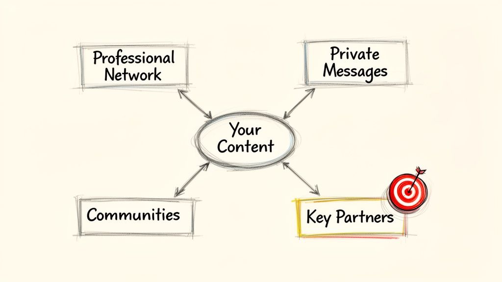 Diagram illustrating 'Your Content' distributed to professional networks, private messages, communities, and key partners.