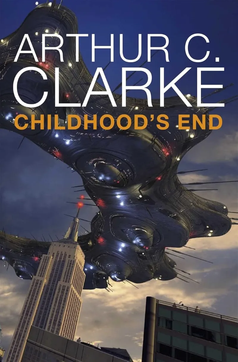 The cover of "Childhood's End" by Arthur C. Clarke features a futuristic spaceship hovering over a cityscape with prominent skyscrapers against a twilight sky.