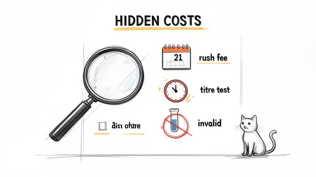 Hidden costs diagram with a magnifying glass, calendar, clock, test tube, and a cat.