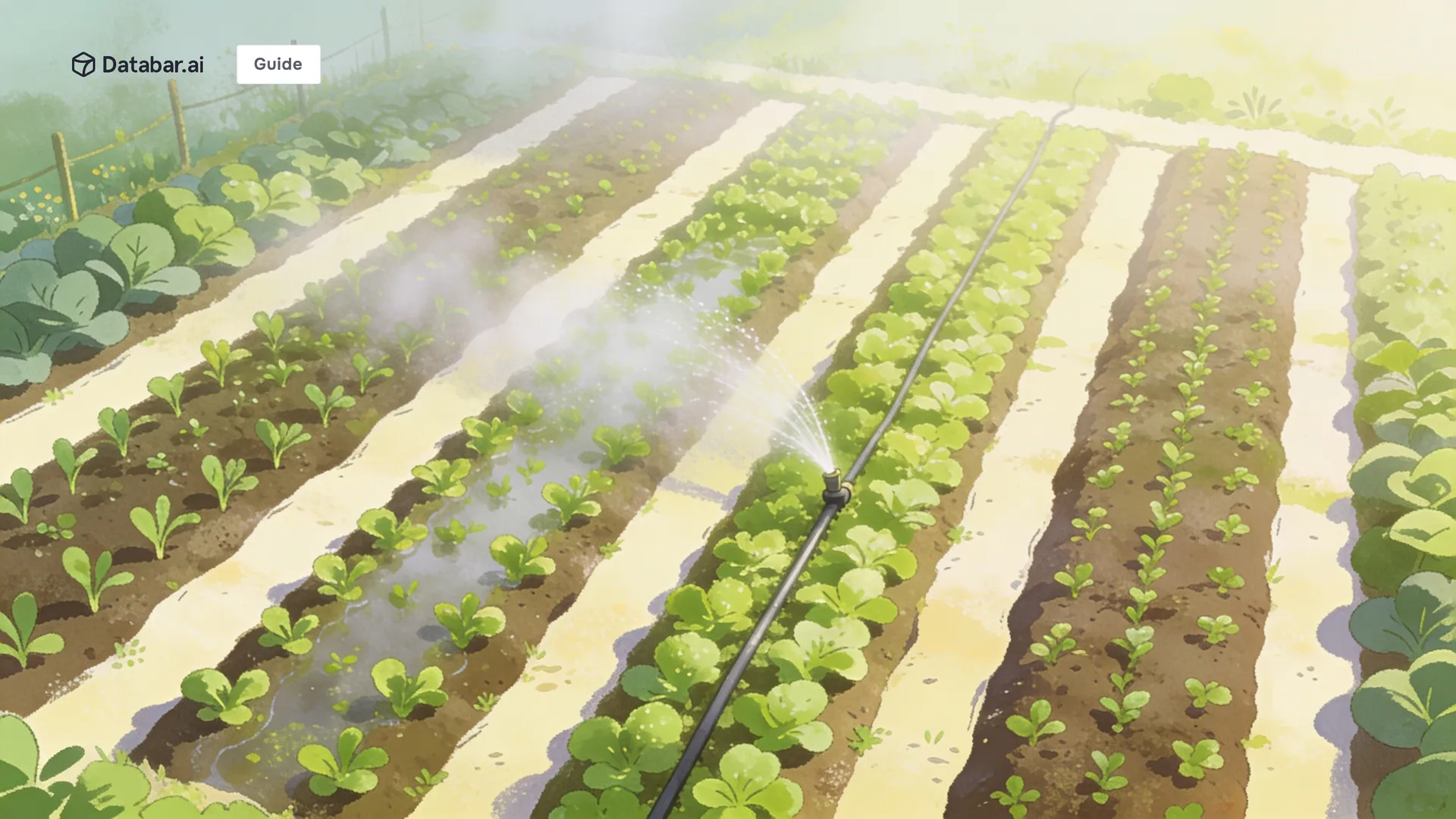 Illustration of a small market garden at dawn with young beds, mist in the furrows and one irrigation line feeding every row — Data Enrichment for Startups: Run Your GTM with Smart Data