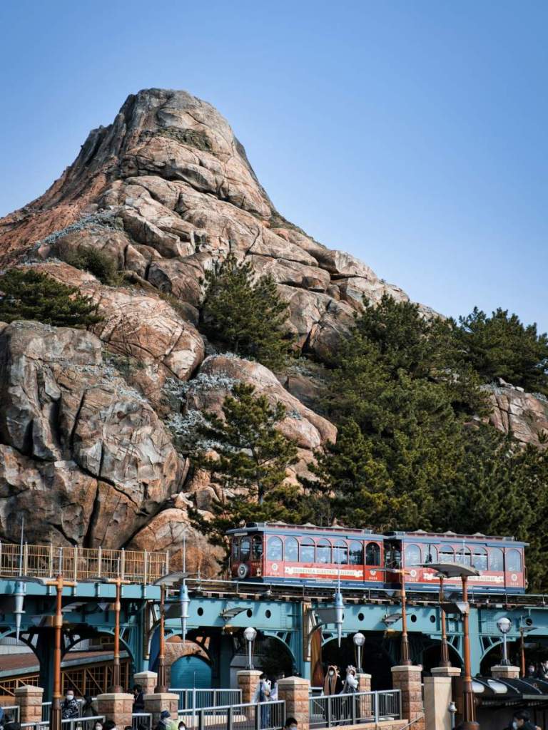 Tram in front of volcano at Tokyo DisneySea