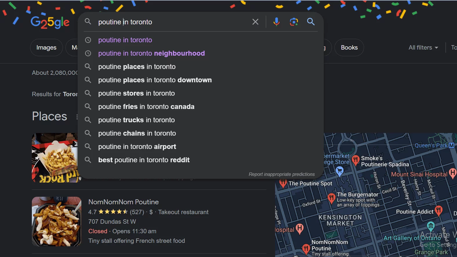 Google search result of poutine restaurants in Toronto
