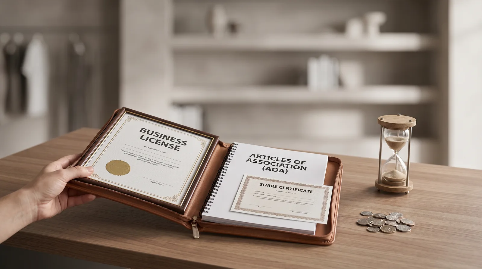 Receiving Your License, AOA and Share Certificate beside an itemised cost breakdown, calculator and dirham notes