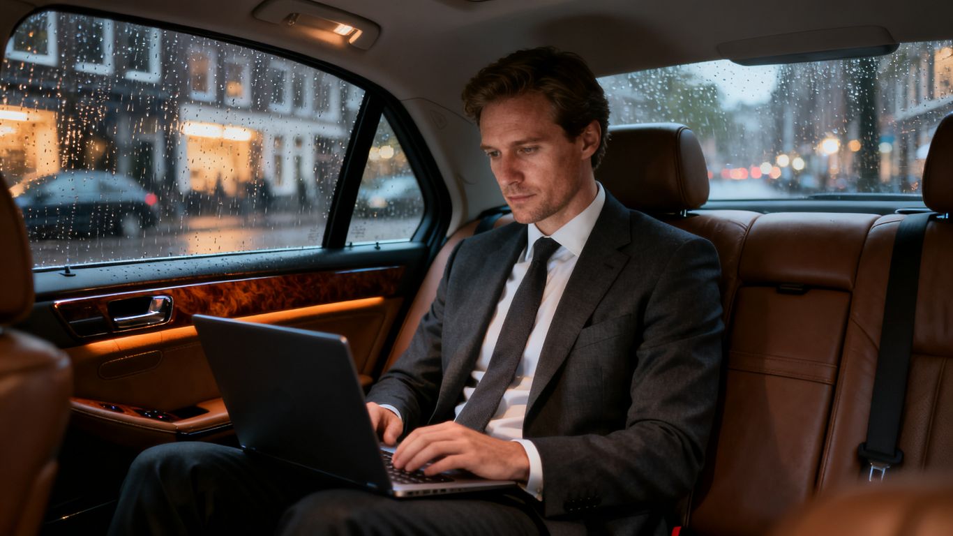 Zakenman die rustig in de achterbank van zijn eigen luxe sedan werkt terwijl de chauffeur rijdt