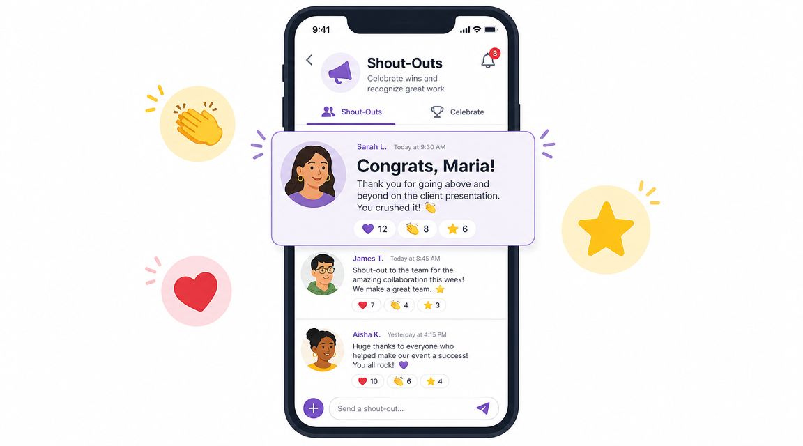A smartphone screen displaying a team shout-out mobile application with recognition messages and celebratory emojis.