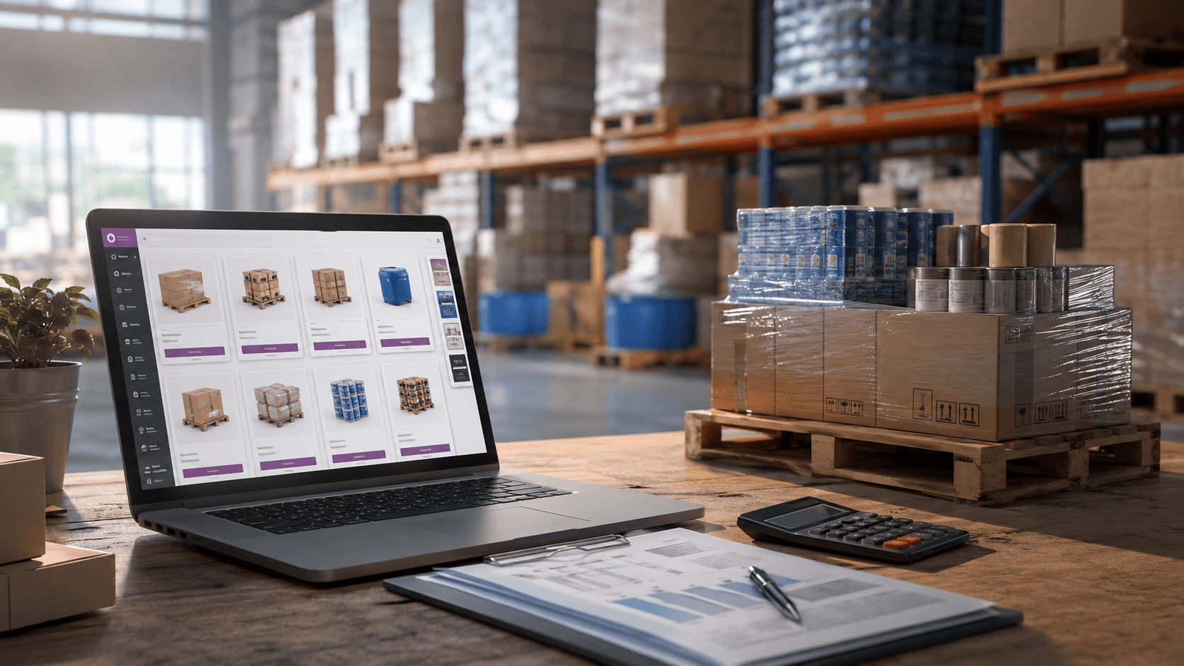Renderização 3D realista de um ambiente de distribuidora com um notebook exibindo uma plataforma de pedidos em uma mesa de madeira, cercado por pallets, caixas e produtos embalados em um galpão logístico. Ao lado do notebook há calculadora e documentos, sugerindo operação comercial e gestão de atacado. A cena transmite os desafios de adaptar uma plataforma comum de e-commerce para processos mais complexos de vendas B2B, como controle de pedidos, estoque e operação integrada.