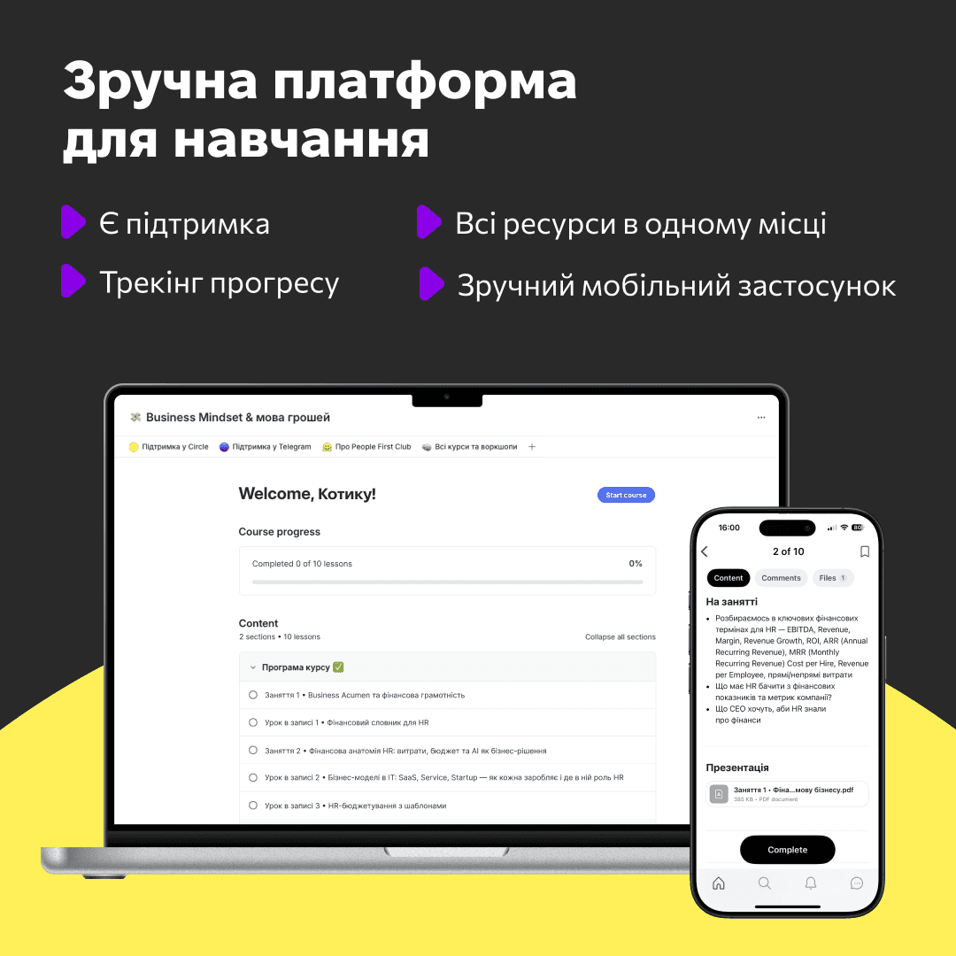 Business Mindset Course Hub у Circle — заняття, ресурси та домашні завдання