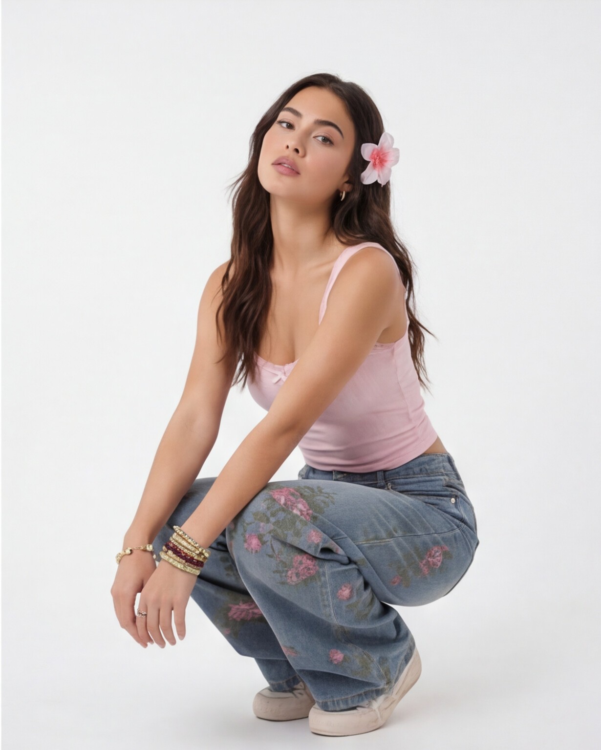 White Cami with Pink Cardigan and Off-White Trousers