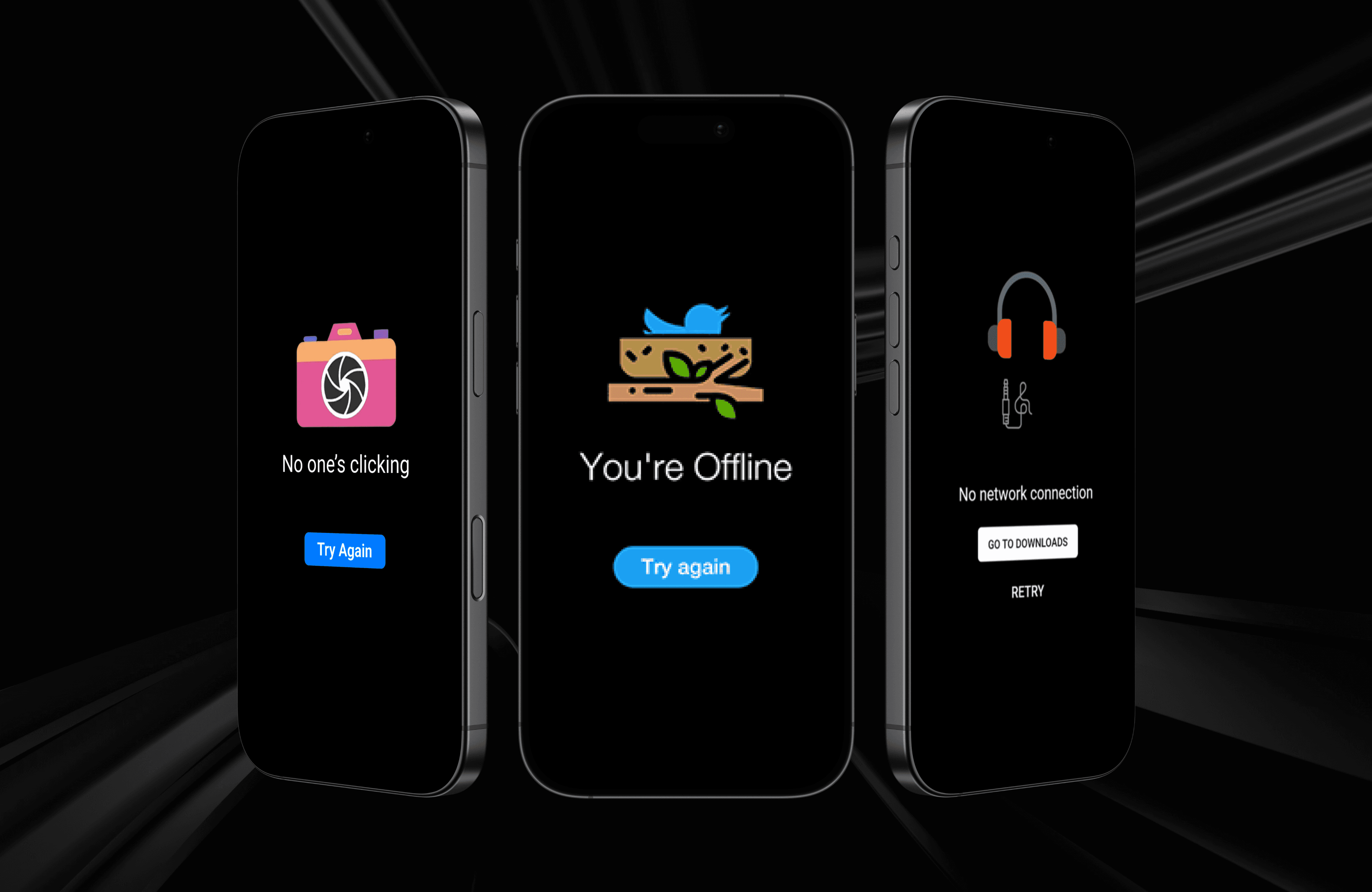 Three smartphones on a dark background showing different app error or empty states: no clicks, offline, and network error