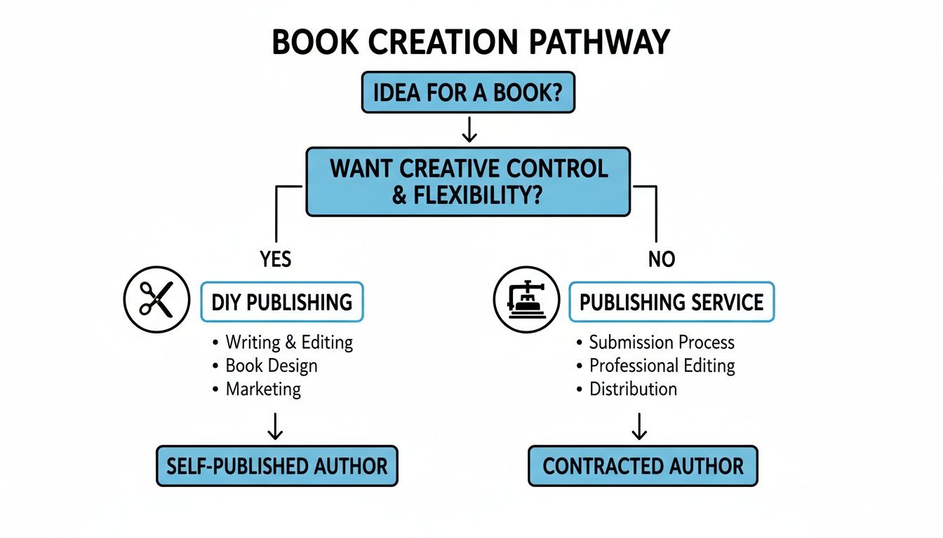 A flowchart comparing DIY publishing for self-published authors versus publishing services for contracted authors.