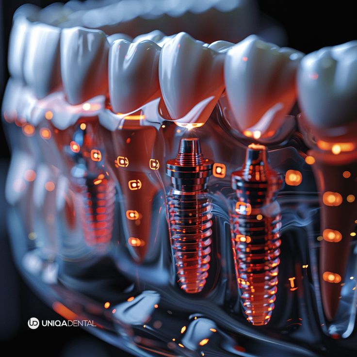 Ilustração detalhada de implantes dentários integrados ao osso, demonstrando estrutura e posicionamento