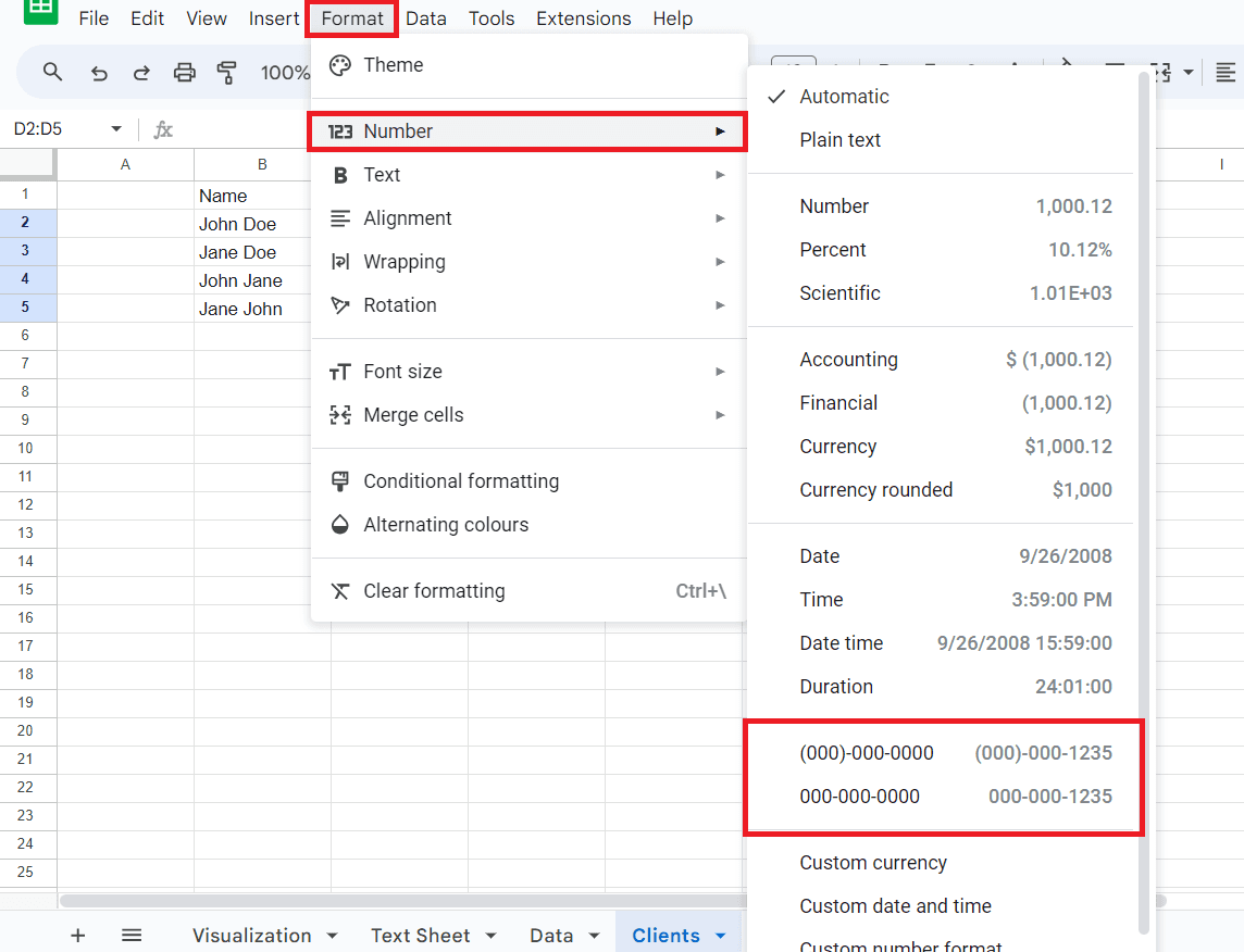 Google Sheets Custom Phone Number Format