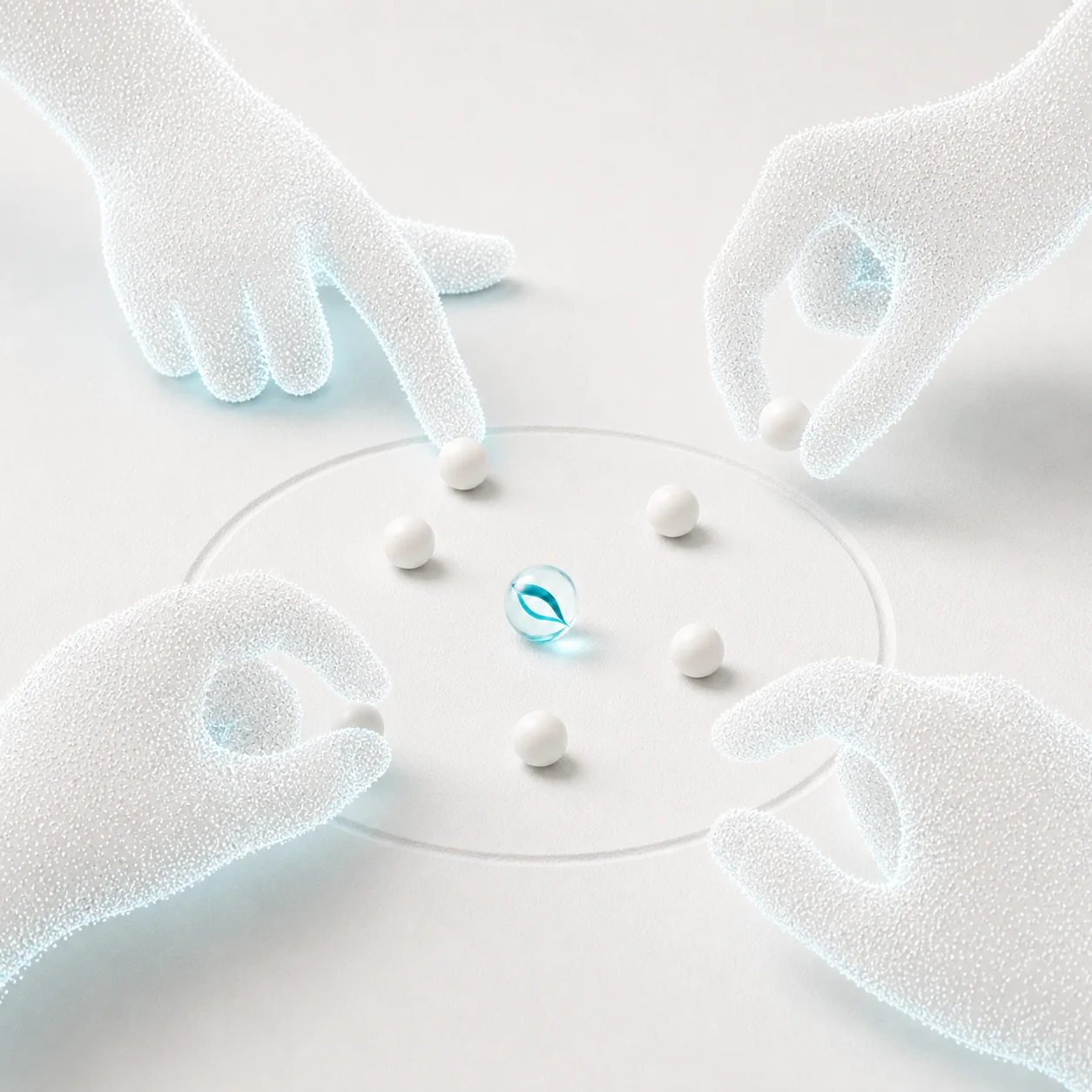 Four teammates playing one shared game around the GoMarble glass marble