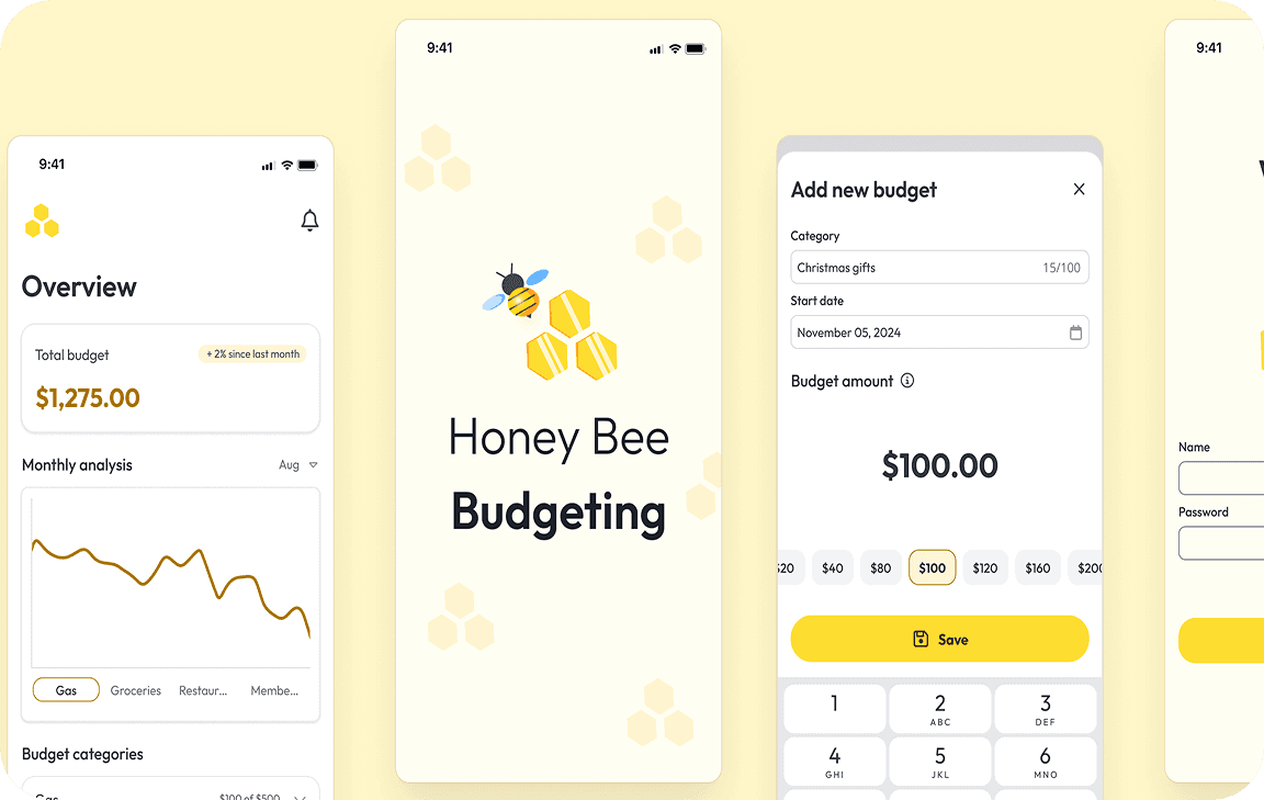Mobile app screens for Honey Bee Budgeting showing expense overview, charts, and budget entry flow.