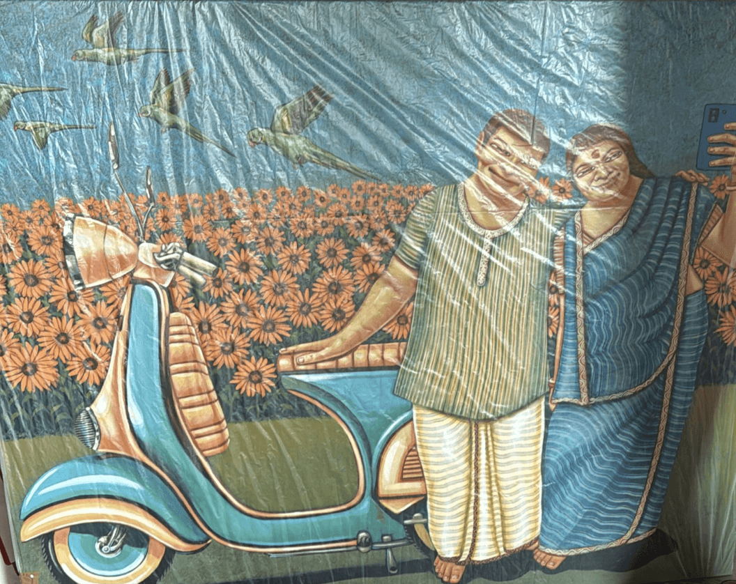 herd of sheep on road painting