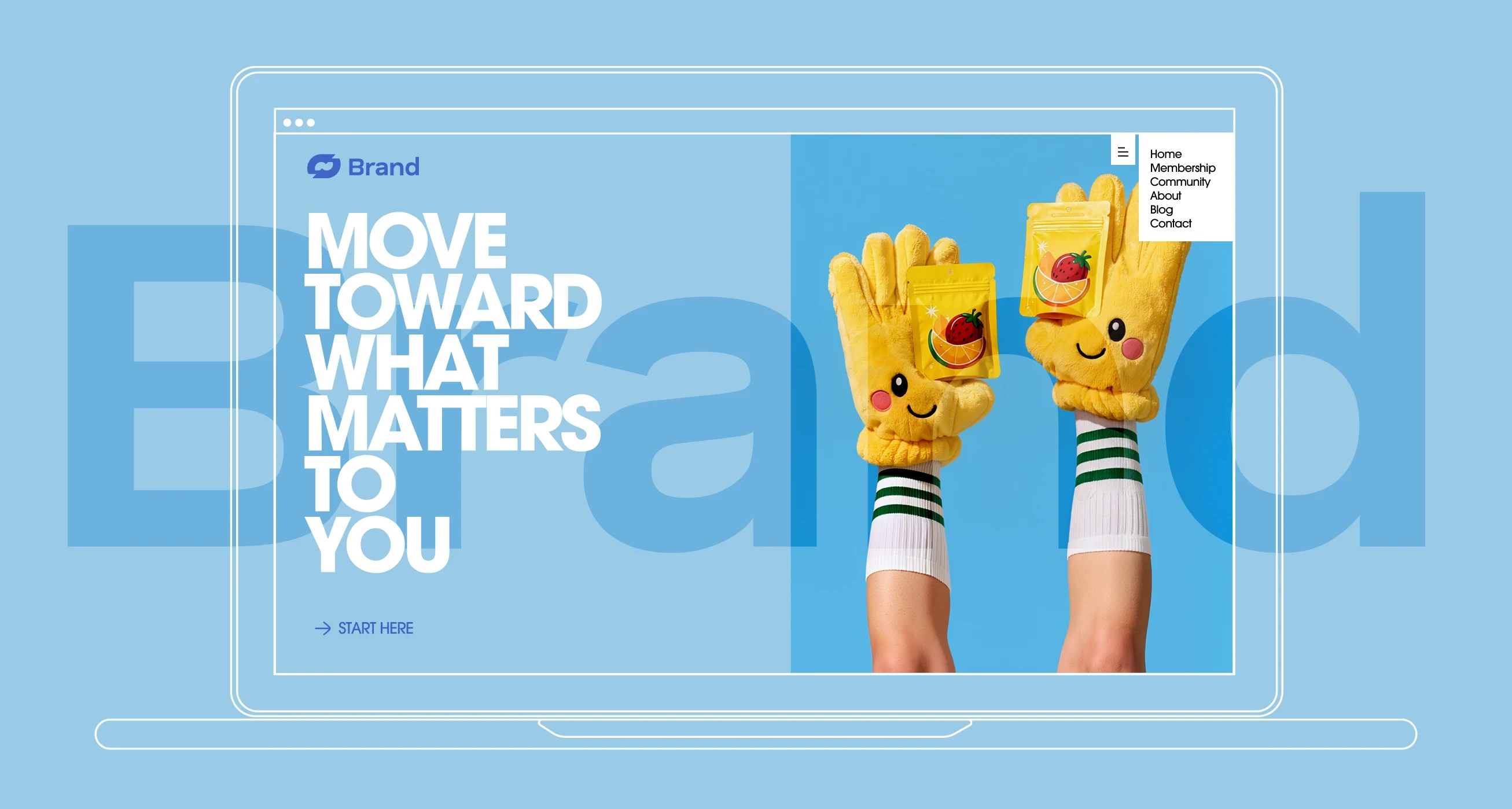 Yellow smiley mittens holding juice pouches on a vibrant blue background.