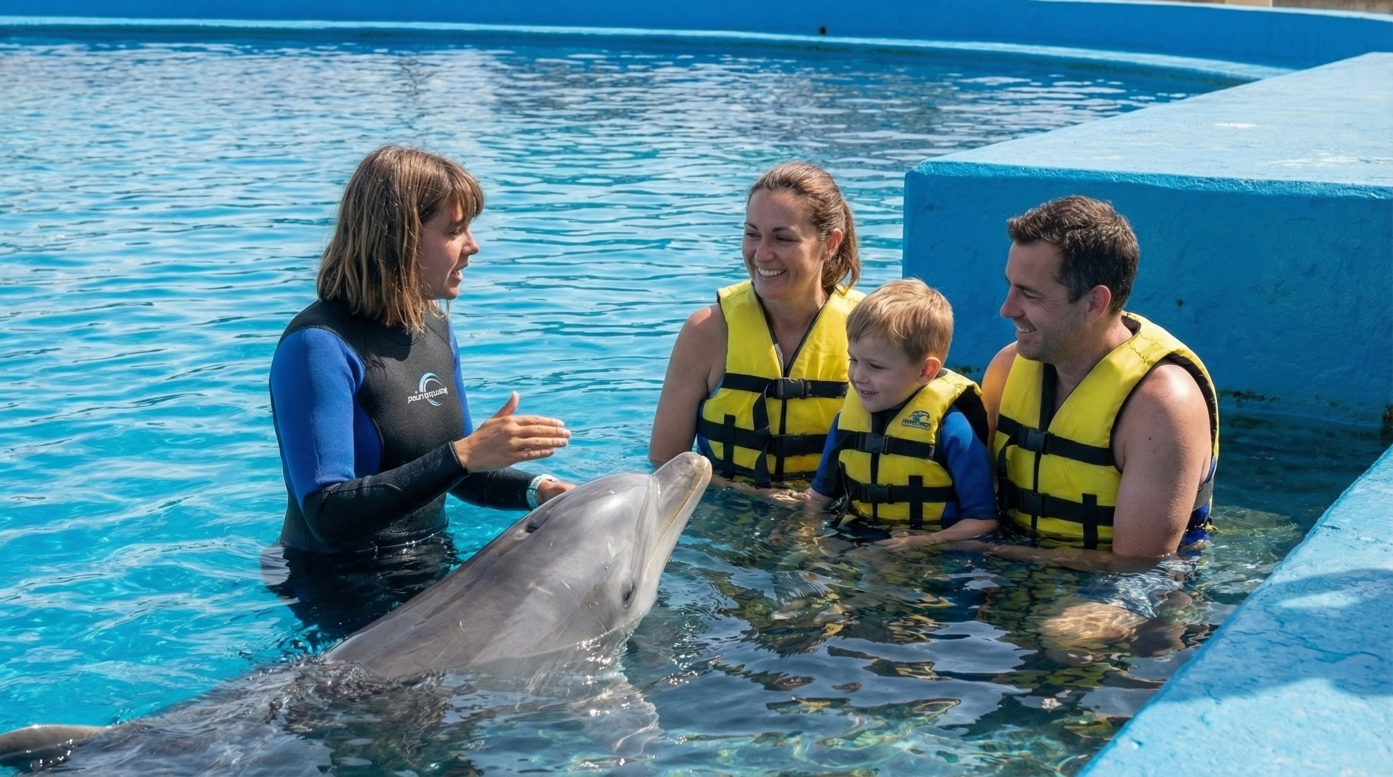 Family in life jackets listening to a trainer with a dolphin in a blue pool.