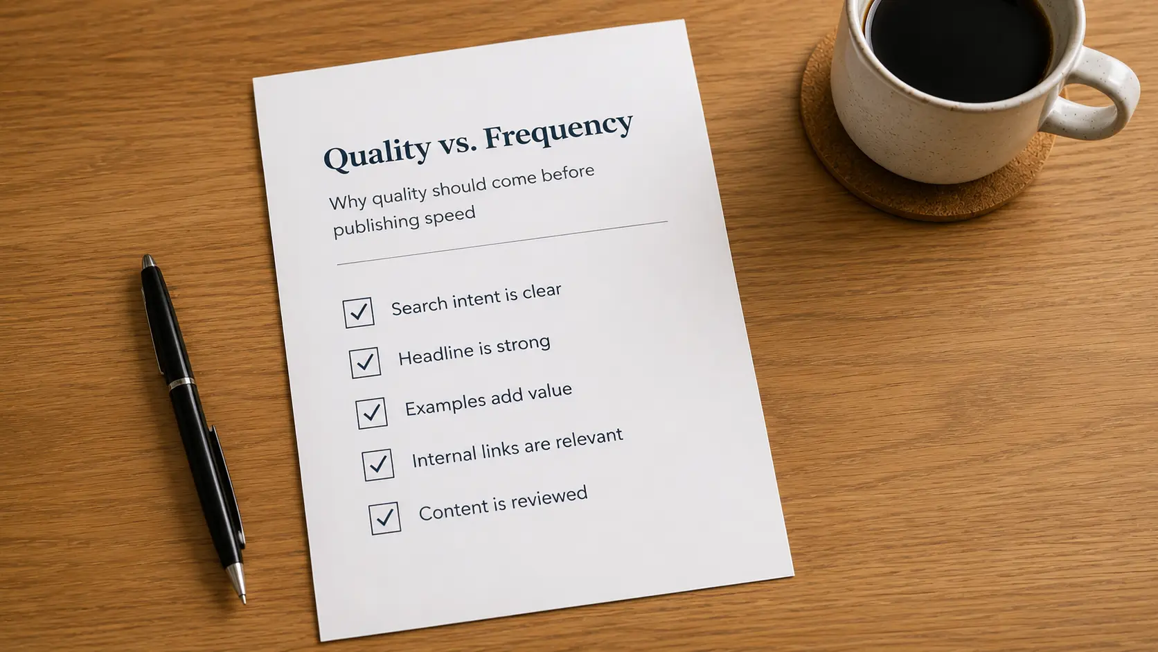 A quality checklist showing that strong content should be reviewed before increasing publishing frequency.