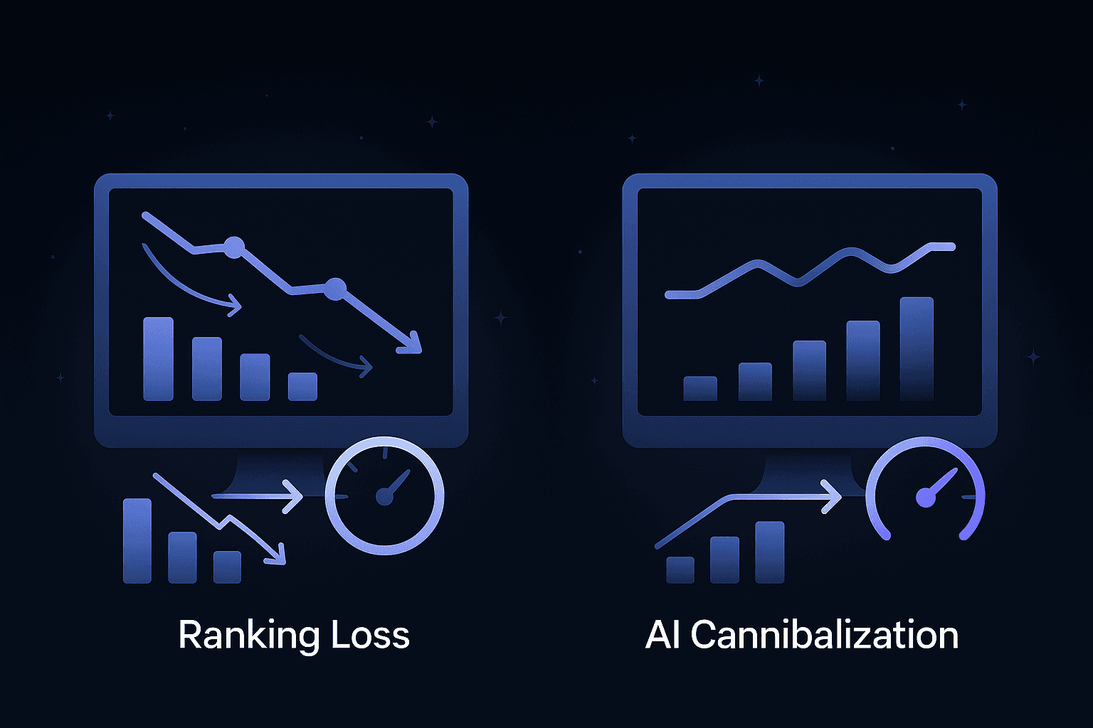 Comparison diagram highlighting metrics for ranking loss versus AI cannibalization scenarios