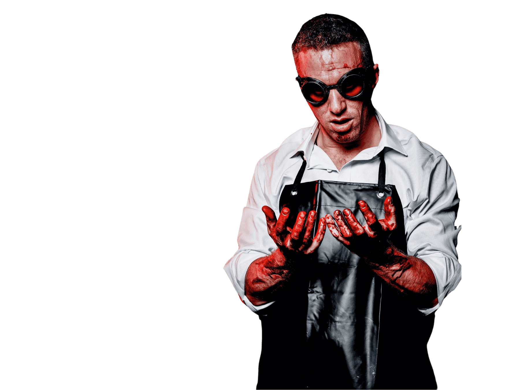 Portrait of Director Brad Watts holding covered in blood from acting scene