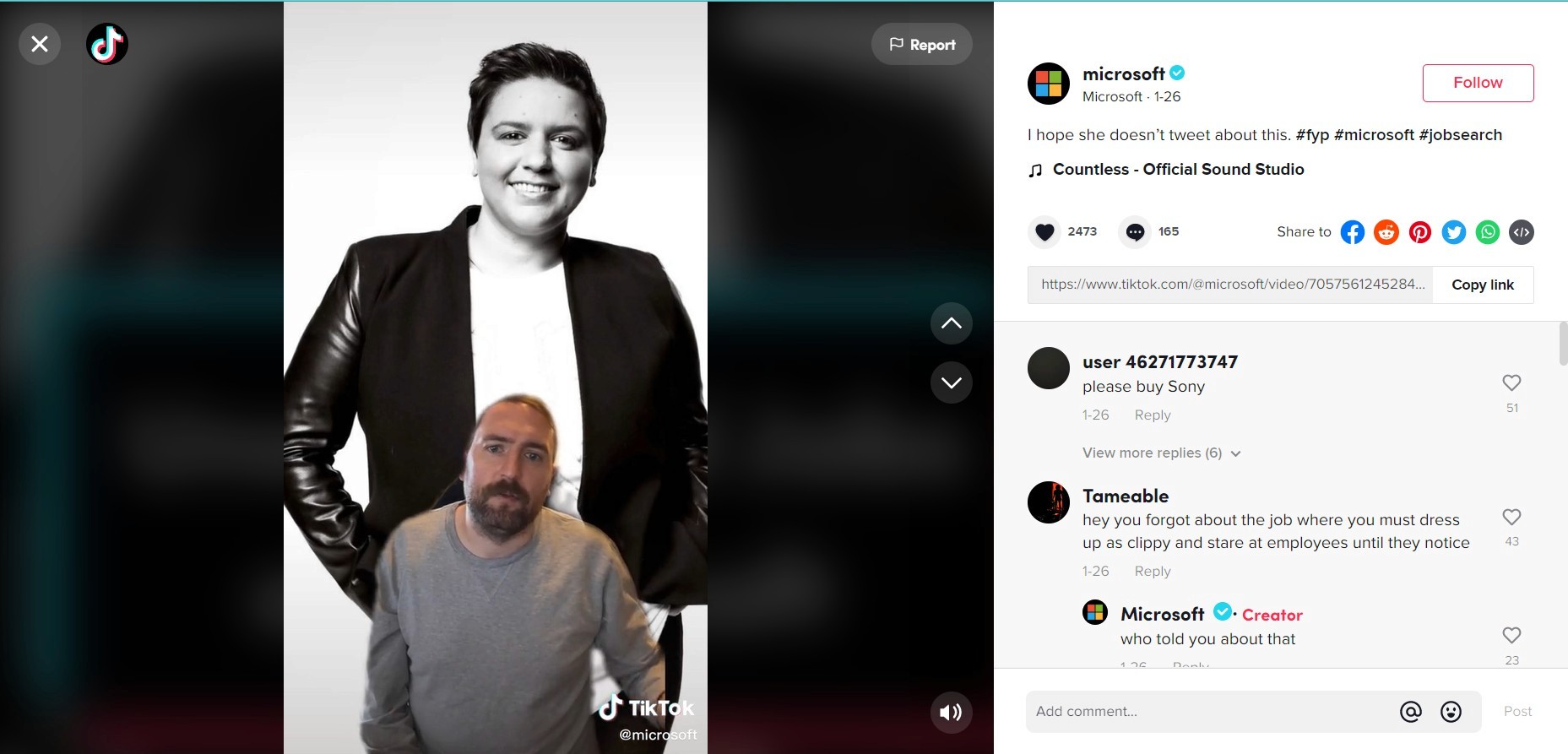 Screenshot of Microsoft TikTok featuring an unexpected job at MS