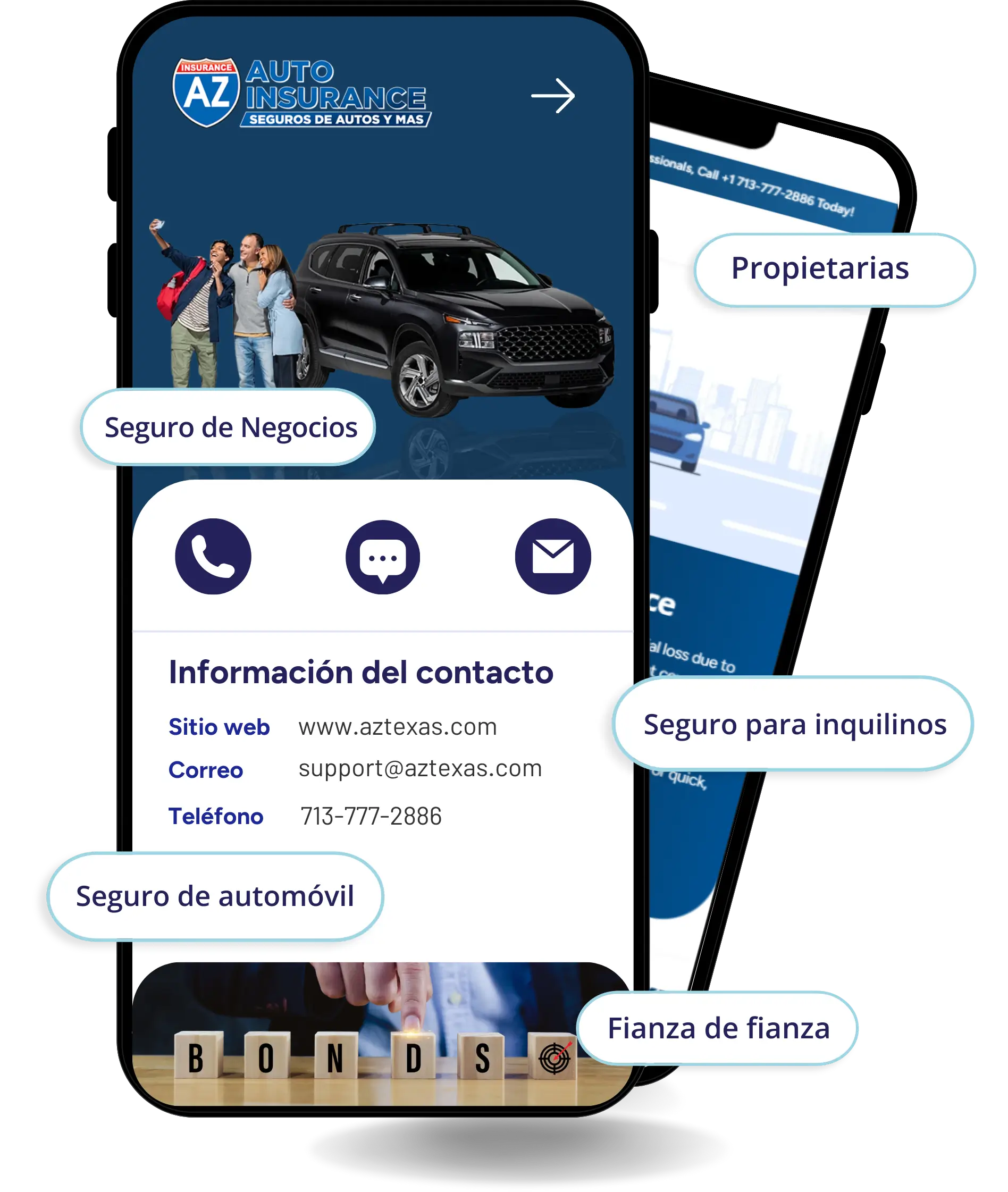 Smartphone screen displaying AZ Auto Insurance contact info and service options.