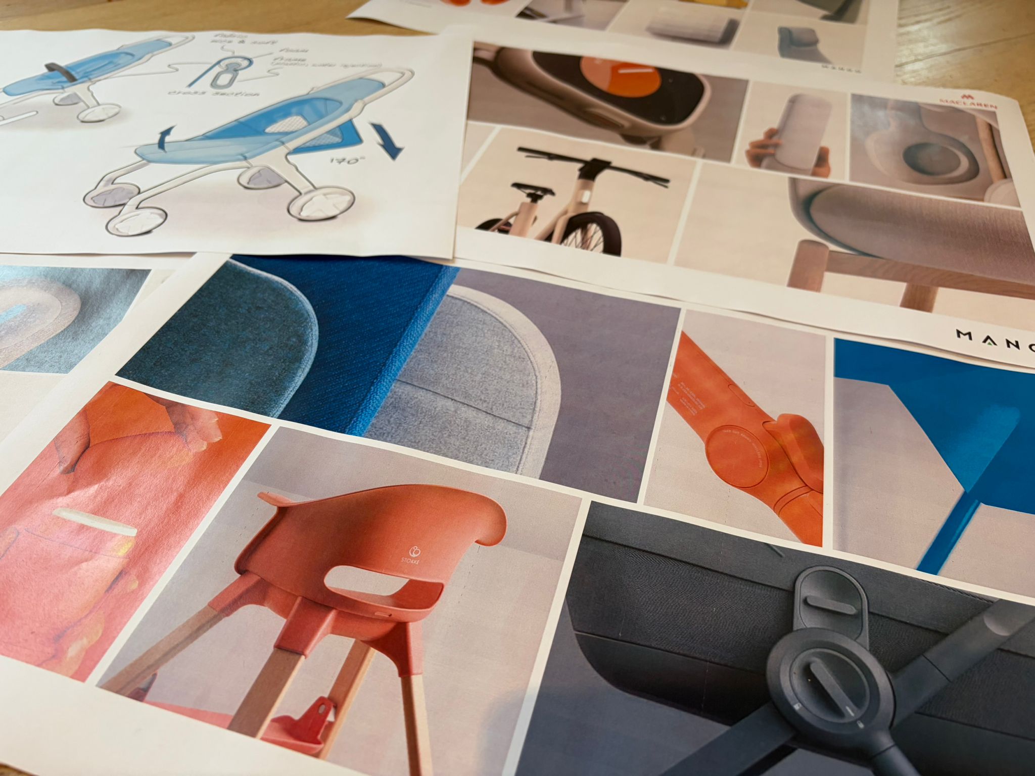 Softgoods and product design concepts arranged on a design table