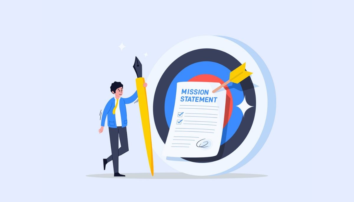 Illustration of a person holding a fountain pen beside a target board with a mission statement document pinned to it, symbolizing aligning personal goals with purpose.