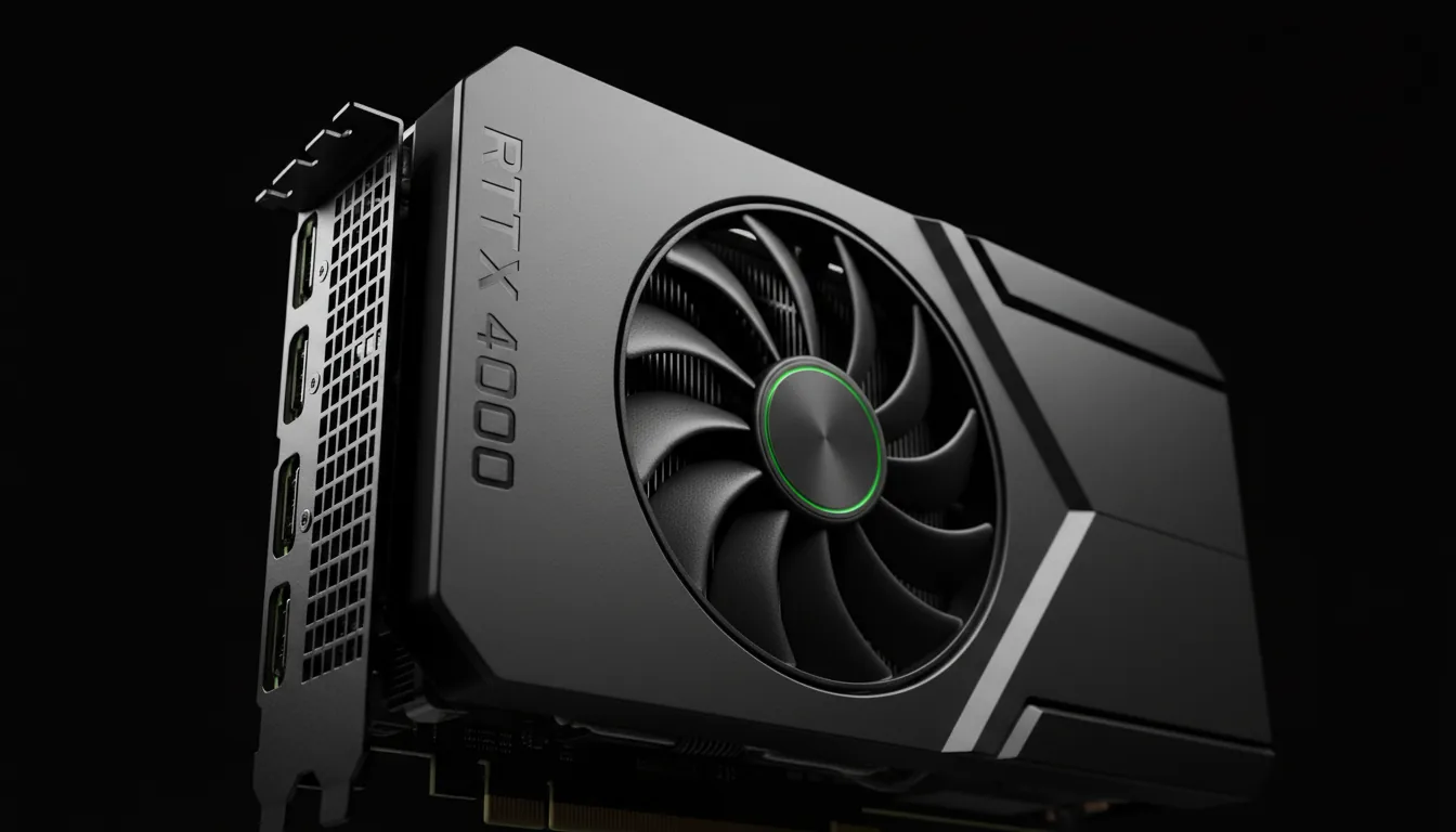 DSLR product photography, a dramatic low-angle close-up of a modern NVIDIA GeForce RTX 4090 graphics card, set against a pure black background. Soft, cinematic studio lighting precisely traces the angular lines and metallic textures of the matte black and gunmetal grey shroud. Sharp focus on the embossed "RTX 4090" text and the cooling fan, highlighting the fine details of the heatsink fins.