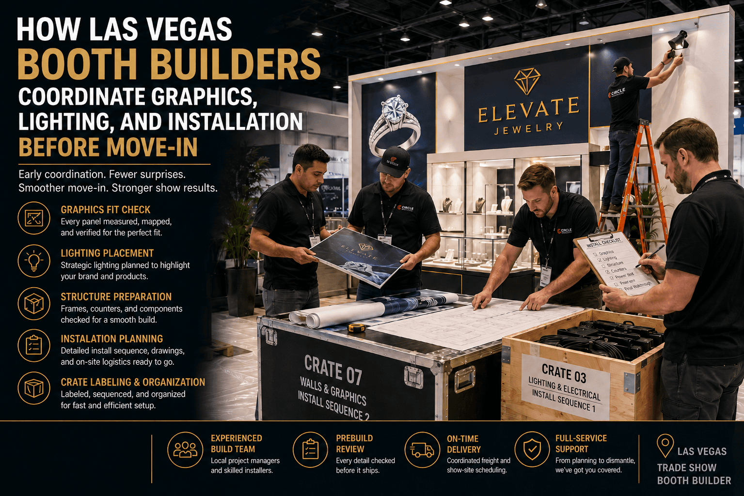 Las Vegas booth builder team checking graphics, lighting, structure, crate labels, fabrication details, and installation sequence before trade show move-in
