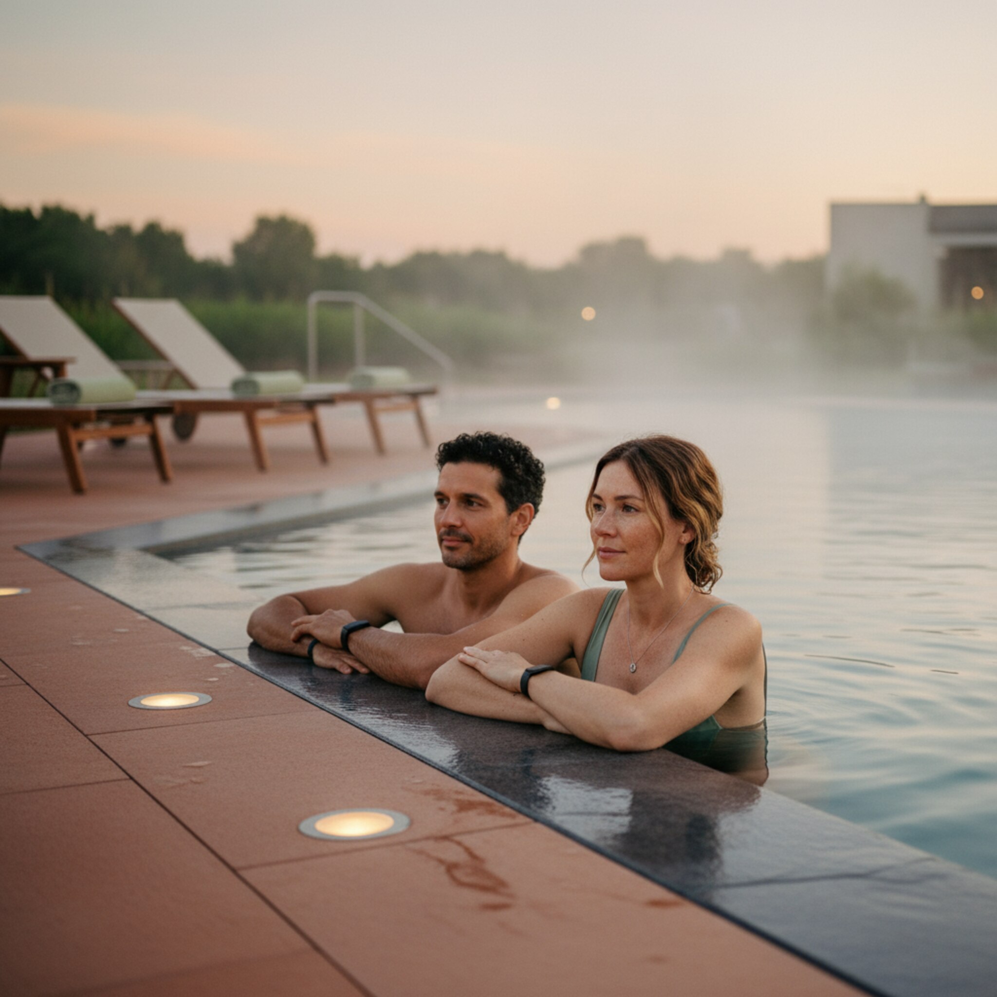 Draußen färbt der Abendhimmel das Wasser eines Thermalbeckens weich orange. Leichte Nebelschwaden steigen auf, leise Gespräche verklingen in der Ferne. Ein paar Liegen am Beckenrand bleiben frei, ordentlich ausgerichtet. Das Bild strahlt Ruhe, Wärme und wohlige Weite aus.