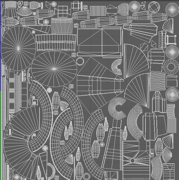 UV layout for an Ablution texture set containing densely packed UV islands from multiple still-life assets.