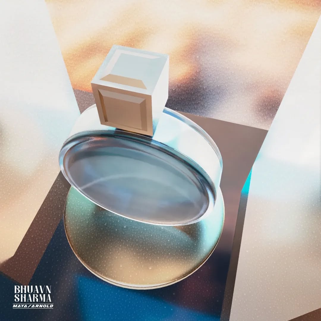 maya 3d render with arnold this is a 3d render of glass perfume bottle by bhuvna yaro
