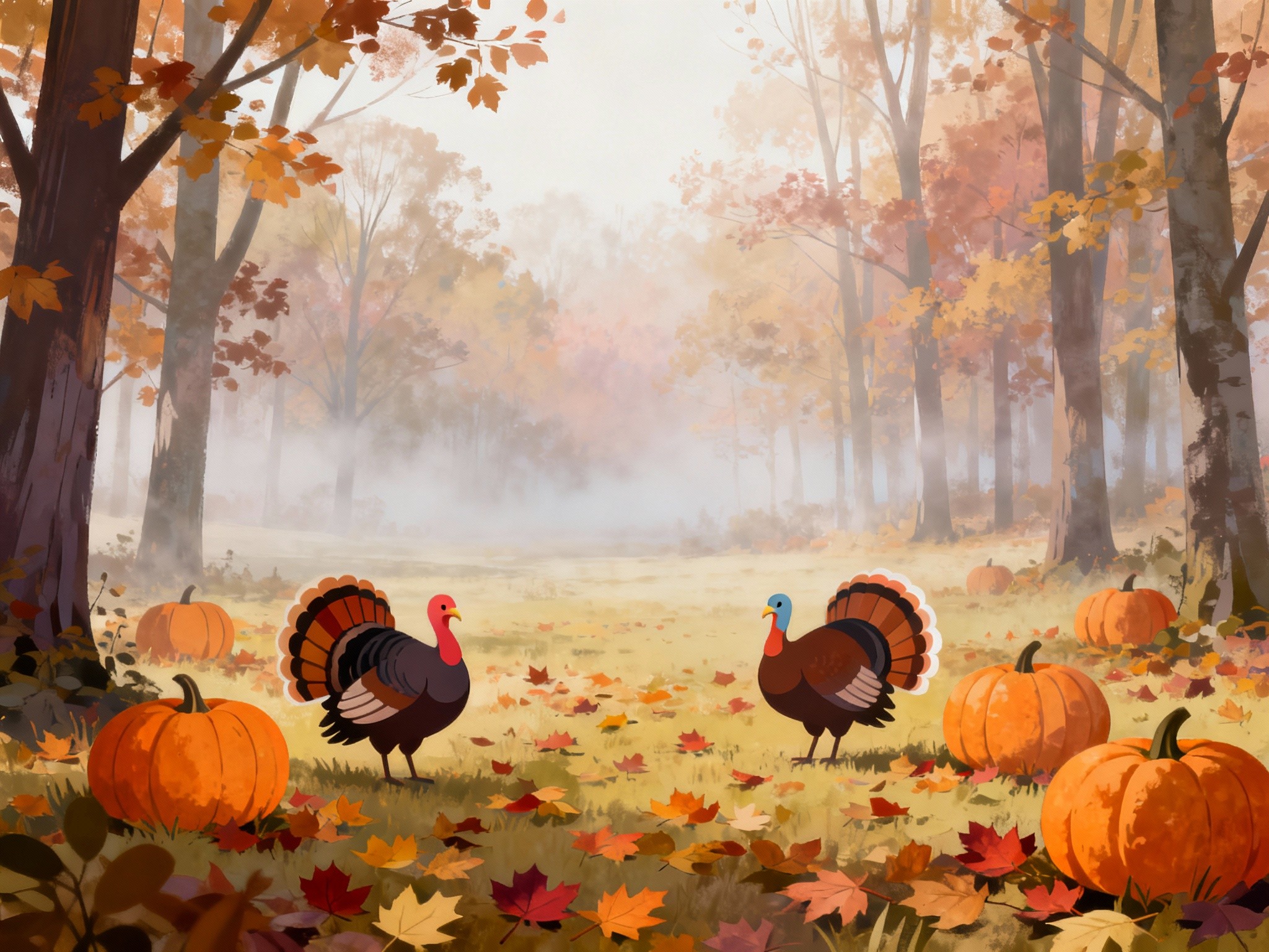 An atmospheric wide landscape digital painting of a serene autumn forest clearing scattered with