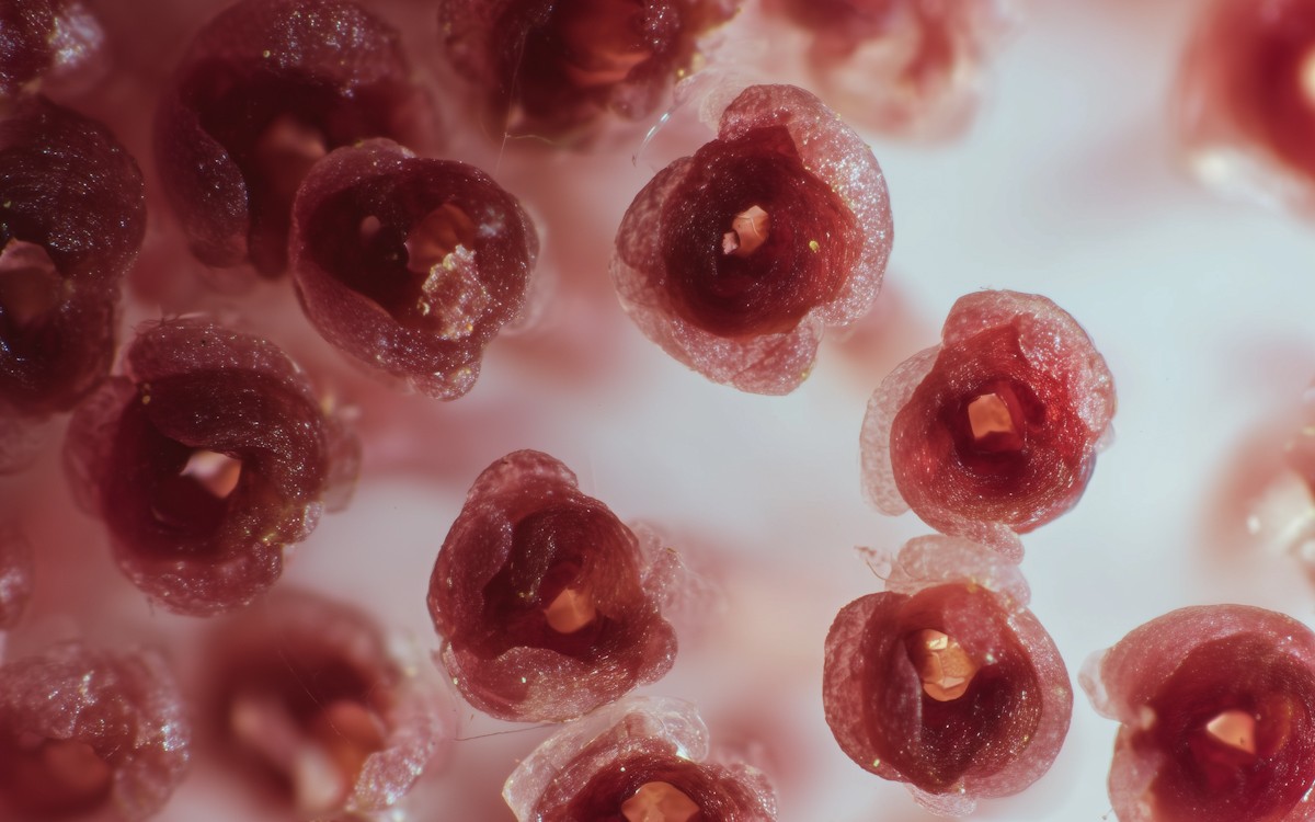 Close-up of vibrant red pomegranate seeds resembling jewel-like clusters. The seeds are glistening, conveying a sense of freshness and delicacy.