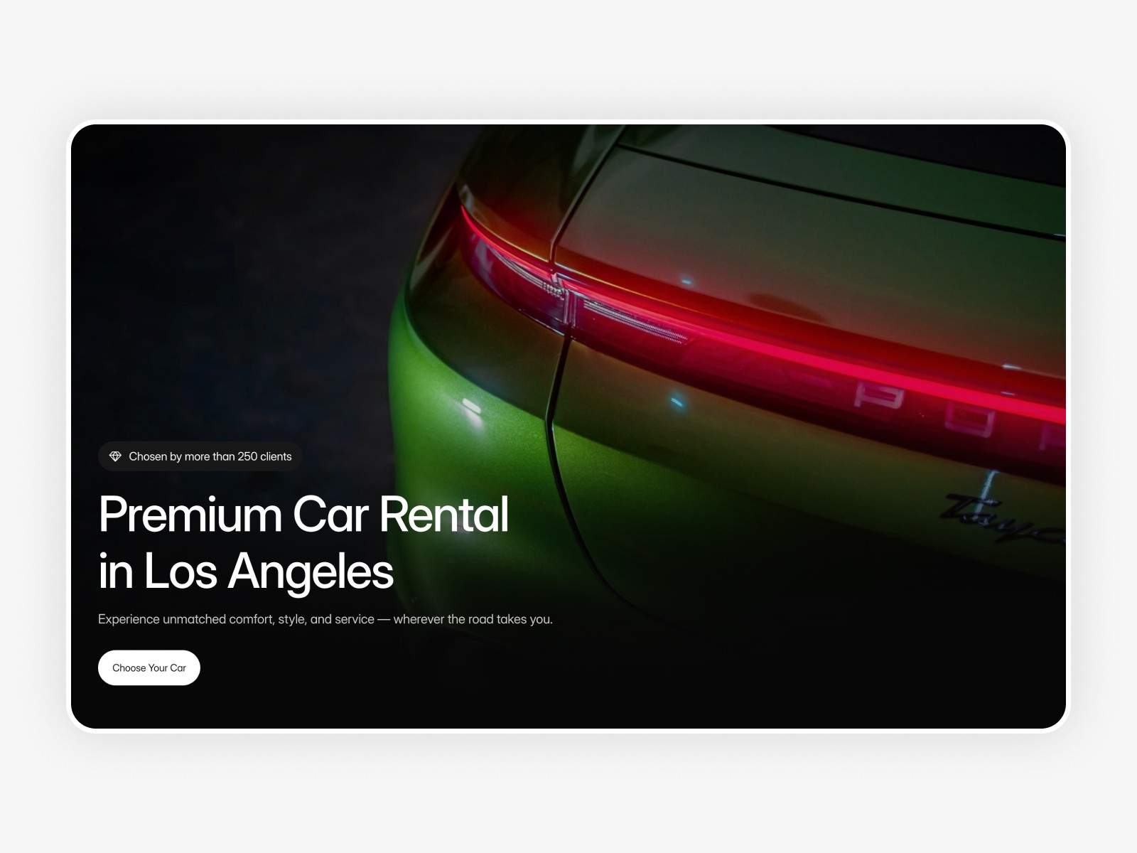 Car rental website homepage example showing a structured hero section with vehicle imagery and clear call to action
